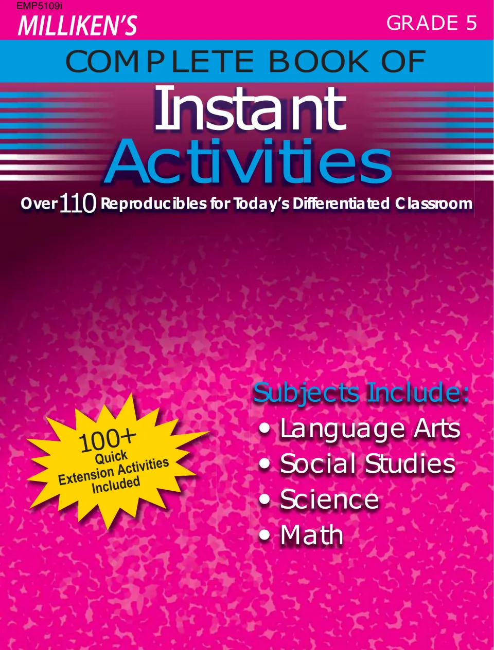 Grade 5 activity book cover listing language arts, social studies, science, math, and over 110 reproducibles