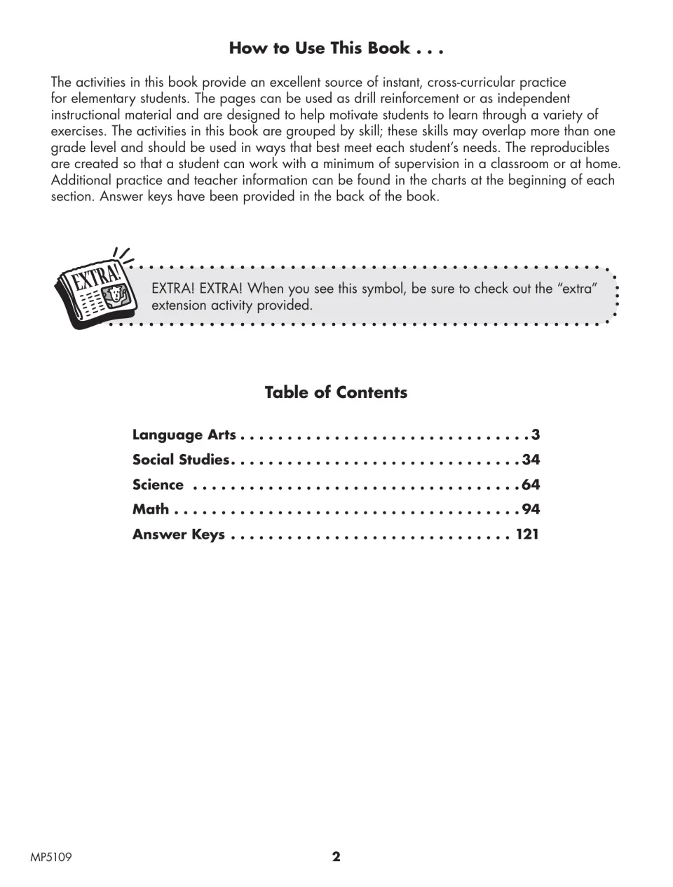 Activity book directions explain independent practice, extension activities, and where to find each subject