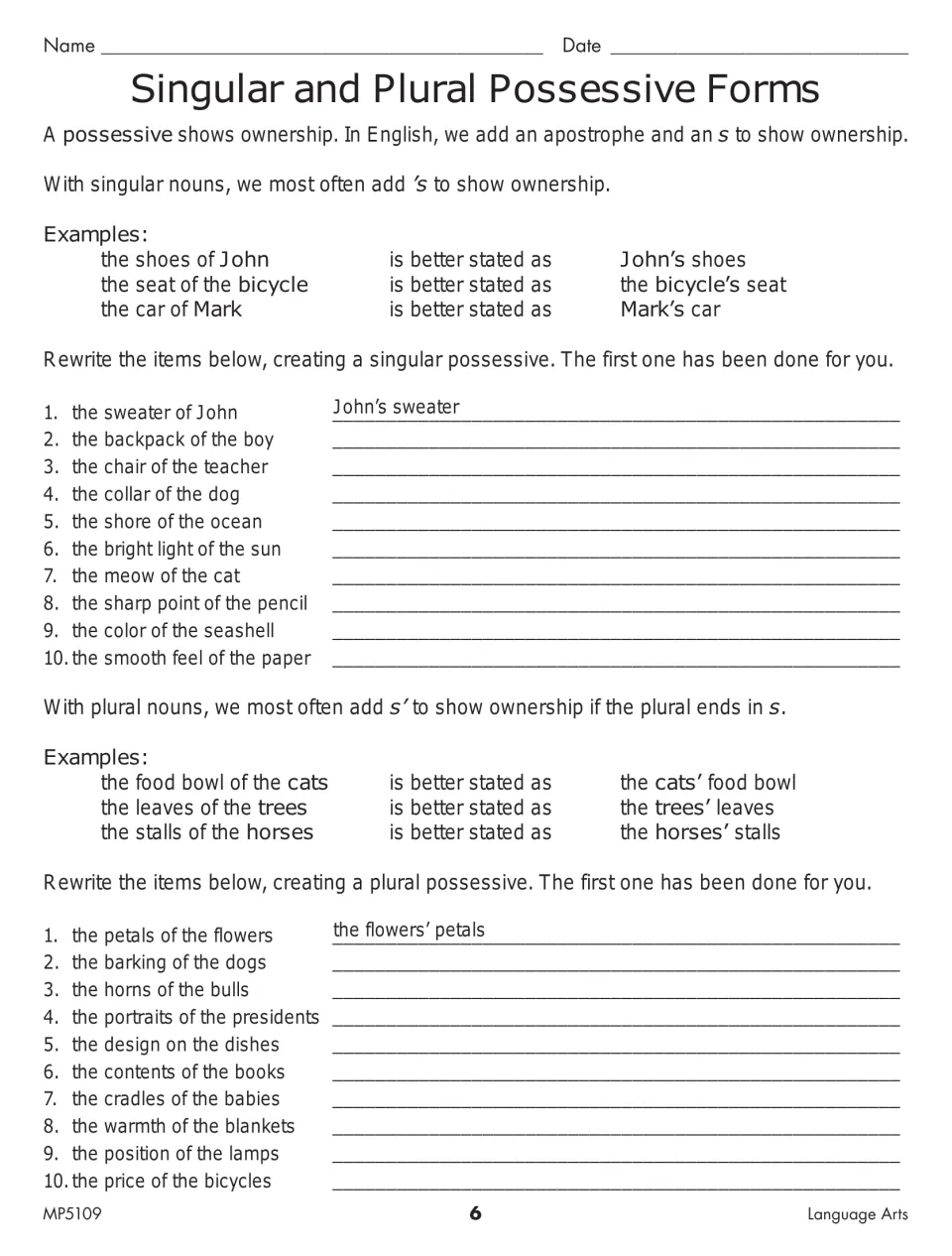 Possessive noun practice gives examples and two sets of 10 phrases to rewrite as singular or plural possessives