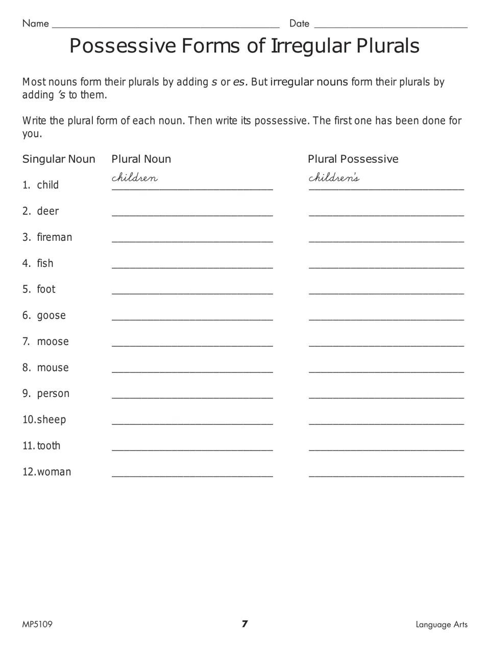 Irregular plural practice asks for plural and possessive forms of 12 nouns, including child, deer, and foot