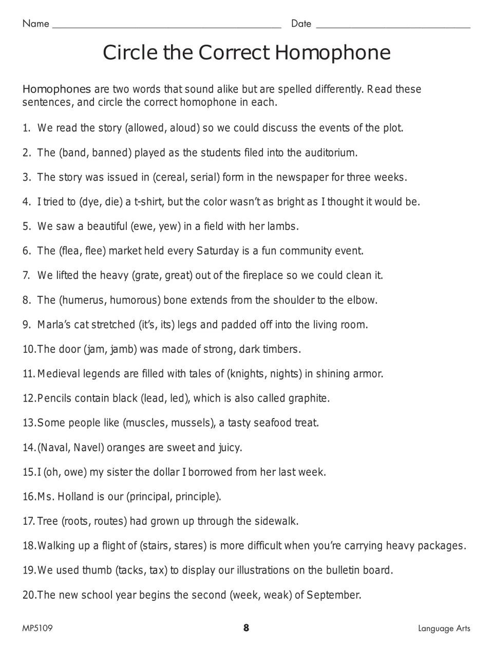 Homophone practice asks students to choose words in 20 sentences, including allowed/aloud and band/banned
