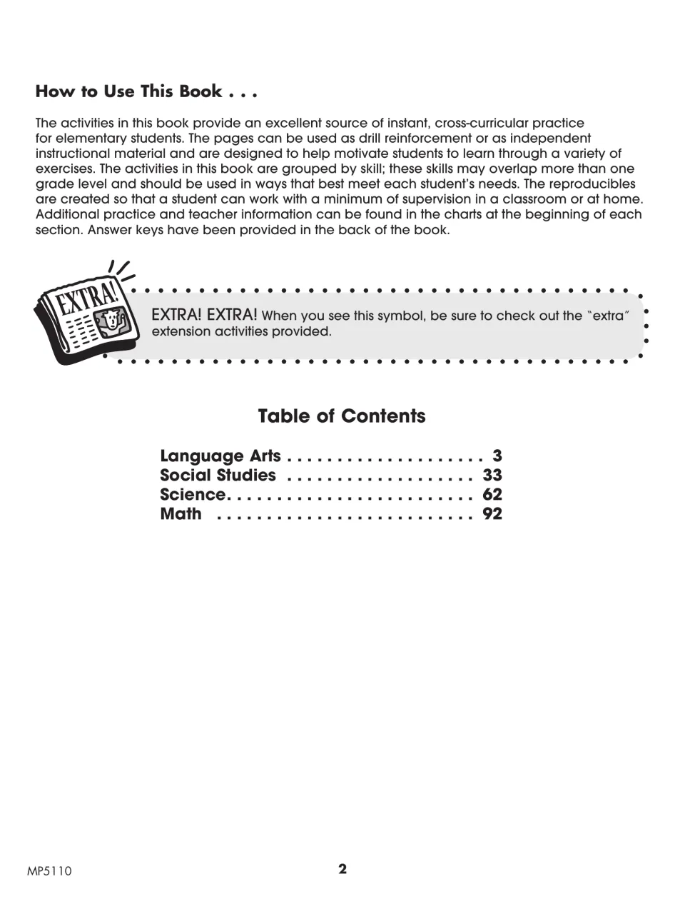 Activity book instructions explain independent practice, extension activities, answer keys, and four subject sections