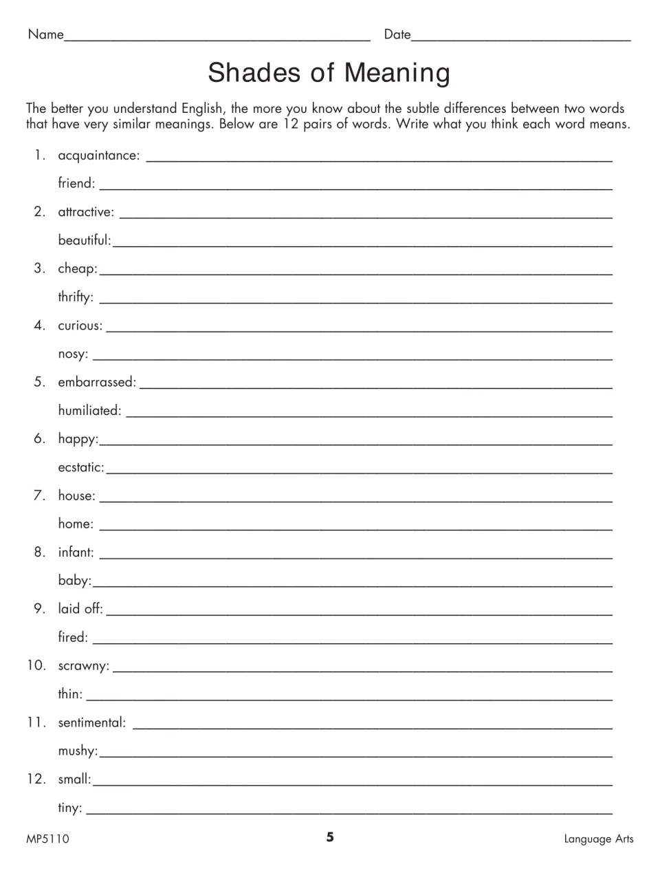 Shades of Meaning activity asks students to define 12 word pairs, including acquaintance/friend and happy/ecstatic