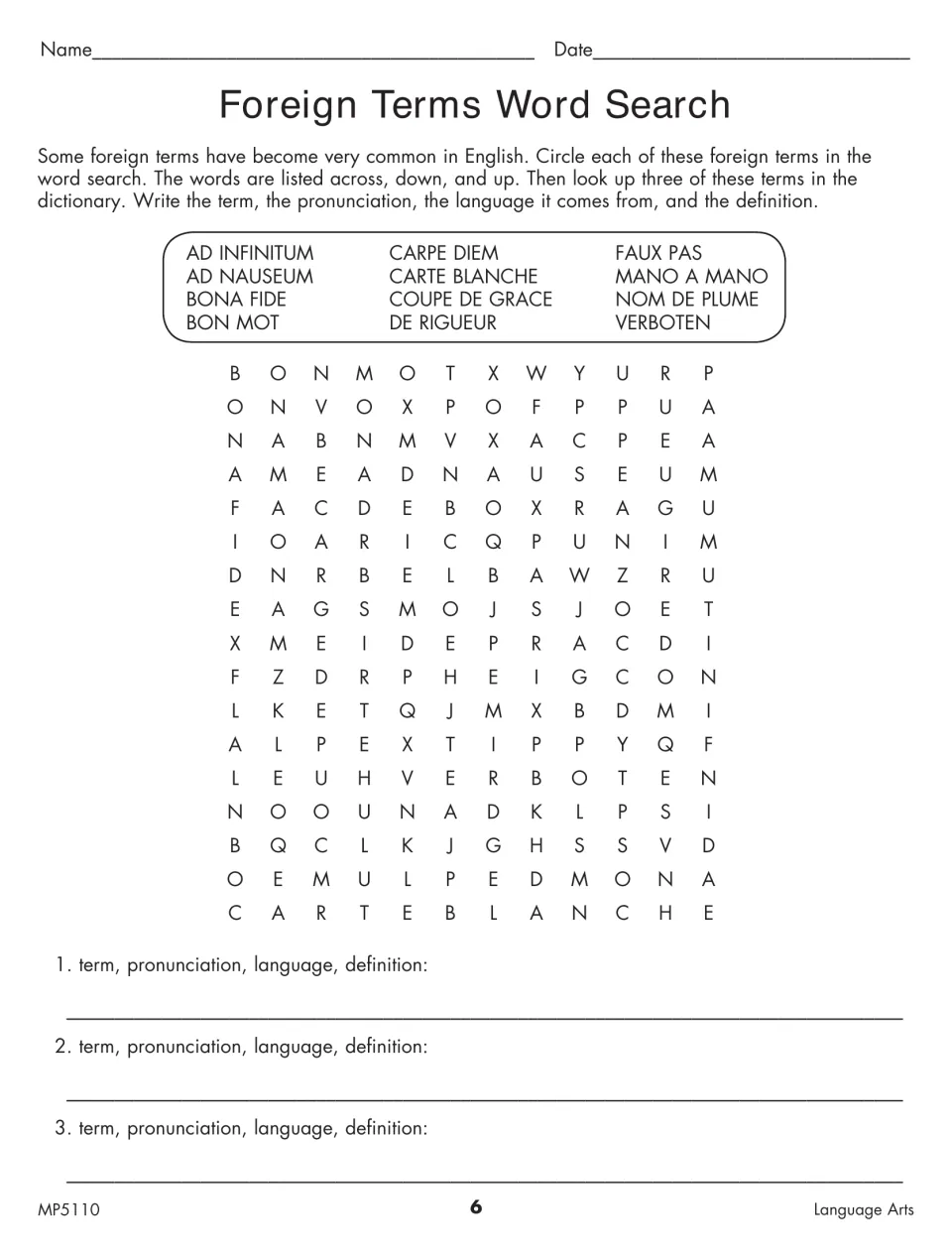 Foreign Terms Word Search asks students to find 12 terms, then research pronunciation, origin, and meaning for three