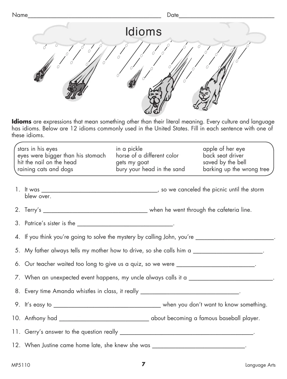 Idioms activity asks students to complete 12 sentences using expressions such as in a pickle and saved by the bell