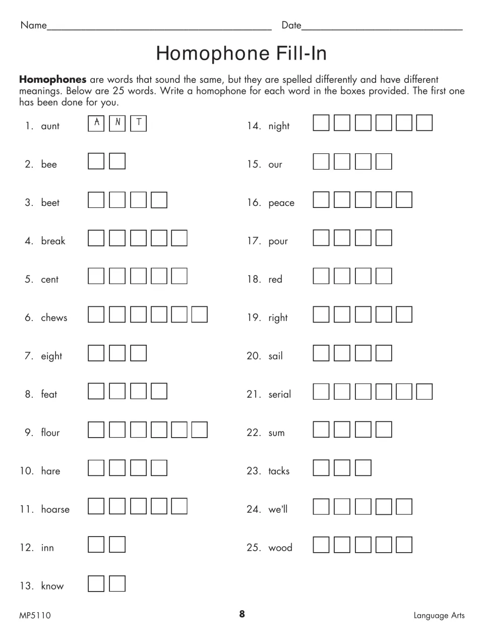 Homophone Fill-In activity asks for sound-alike words for 25 prompts, with aunt/ant completed as the example
