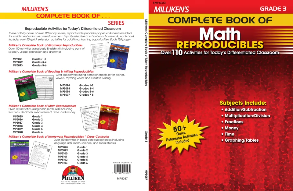 Grade 3 math book cover advertising over 110 activities in arithmetic, fractions, money, time, and graphing