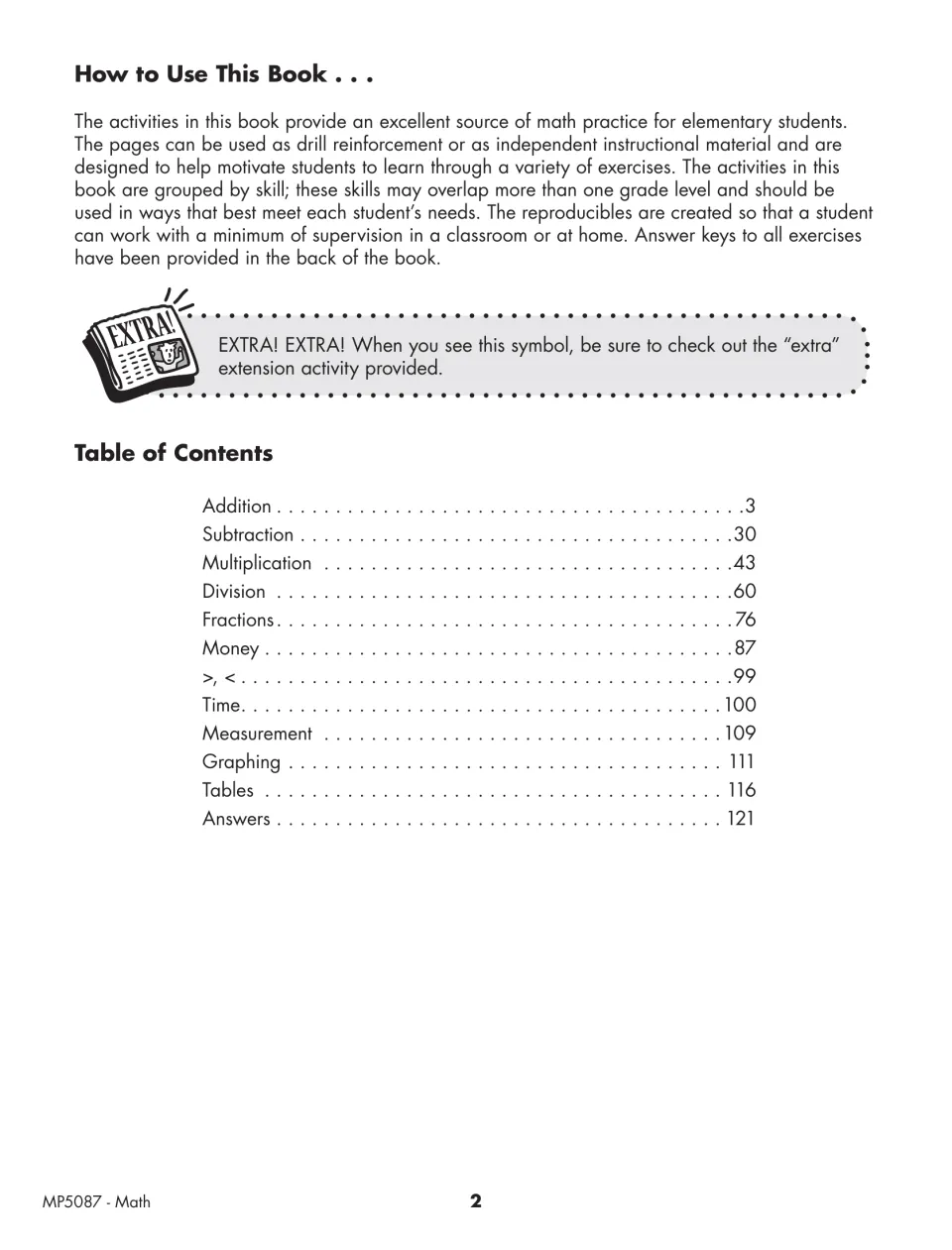 Math book directions and contents list skill sections from addition to tables, with answers starting on page 121