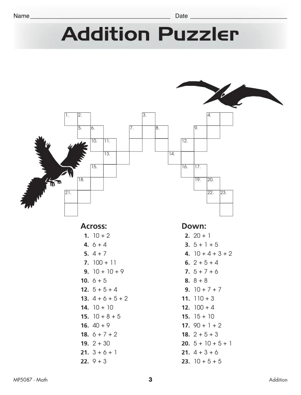 Addition Puzzler practice page uses across and down clues such as 10 + 2, 100 + 11, and 15 + 10