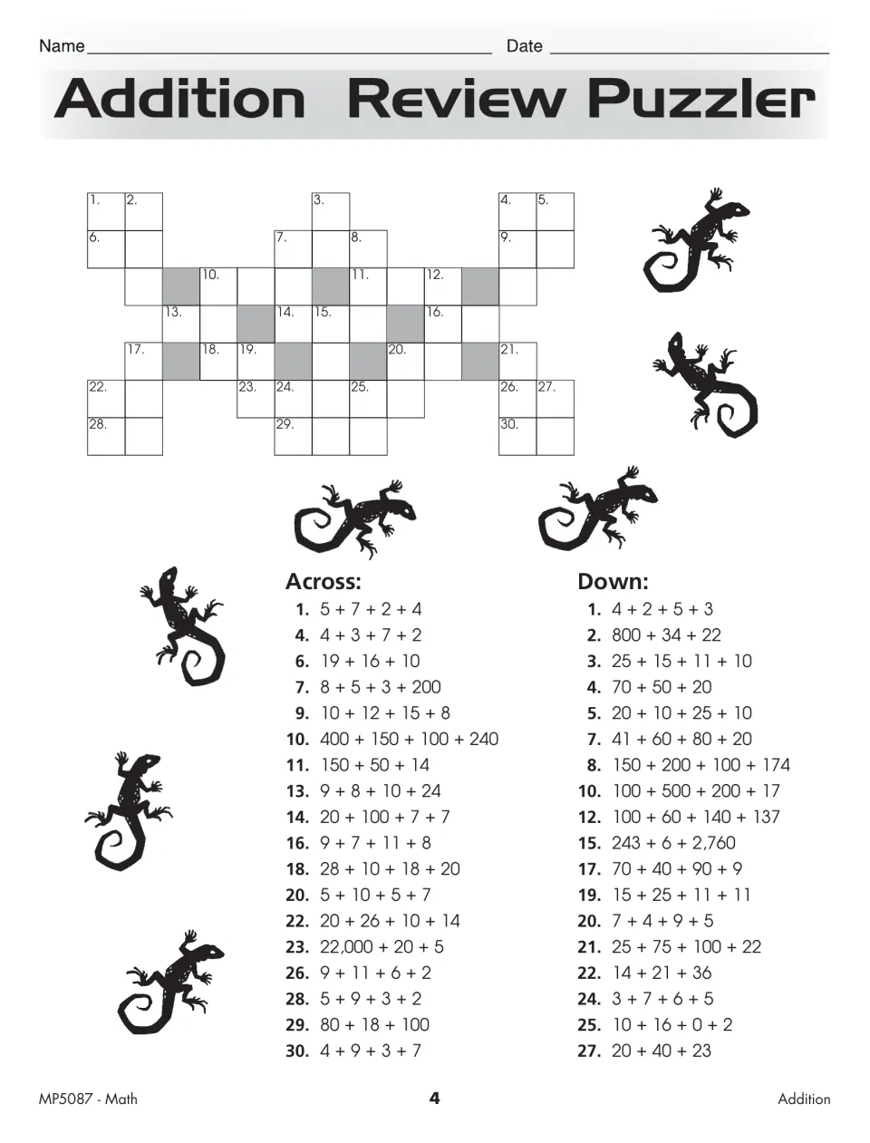 Addition Review Puzzler practice page has across and down clues including 400 + 150 + 100 + 240
