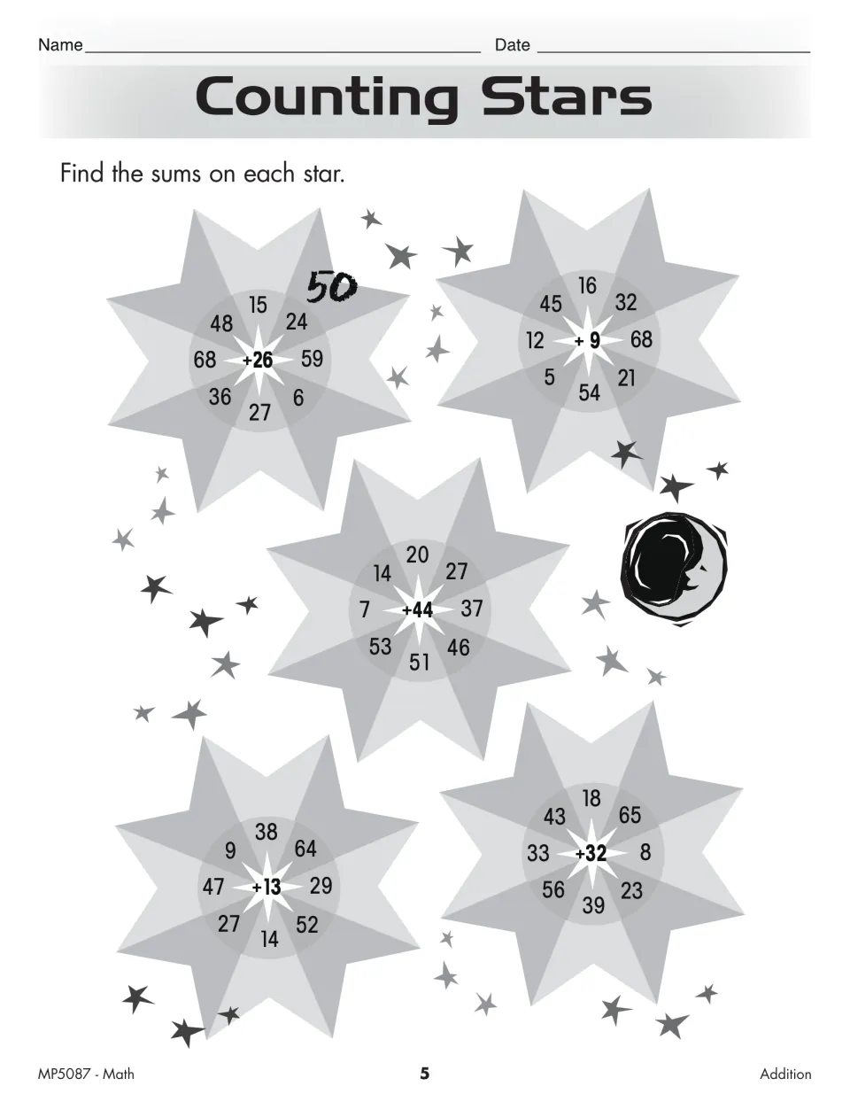 Counting Stars addition practice asks students to add 26, 9, 44, 13, or 32 to numbers on five stars