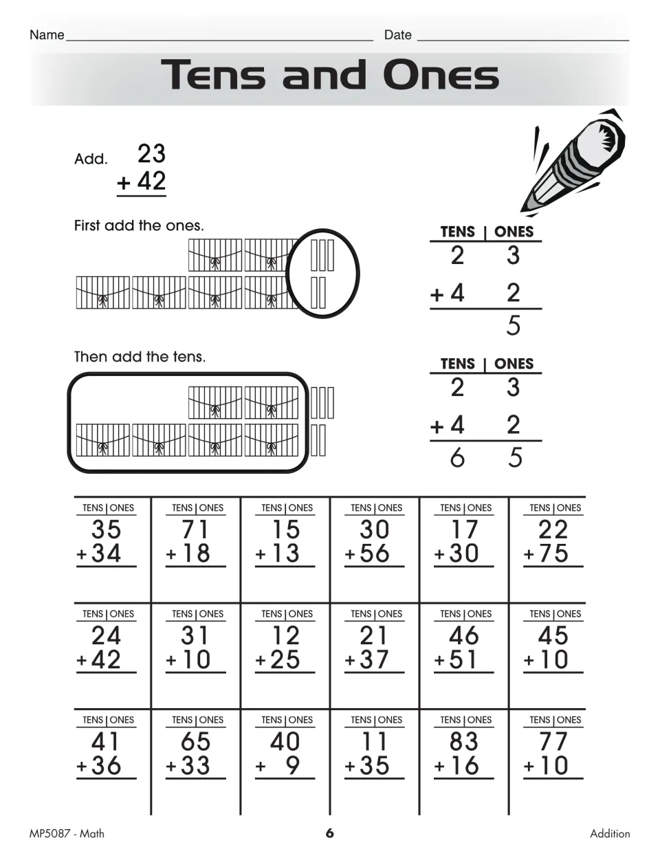 Tens and Ones addition lesson models 23 + 42 using tens and ones, followed by 18 problems without regrouping