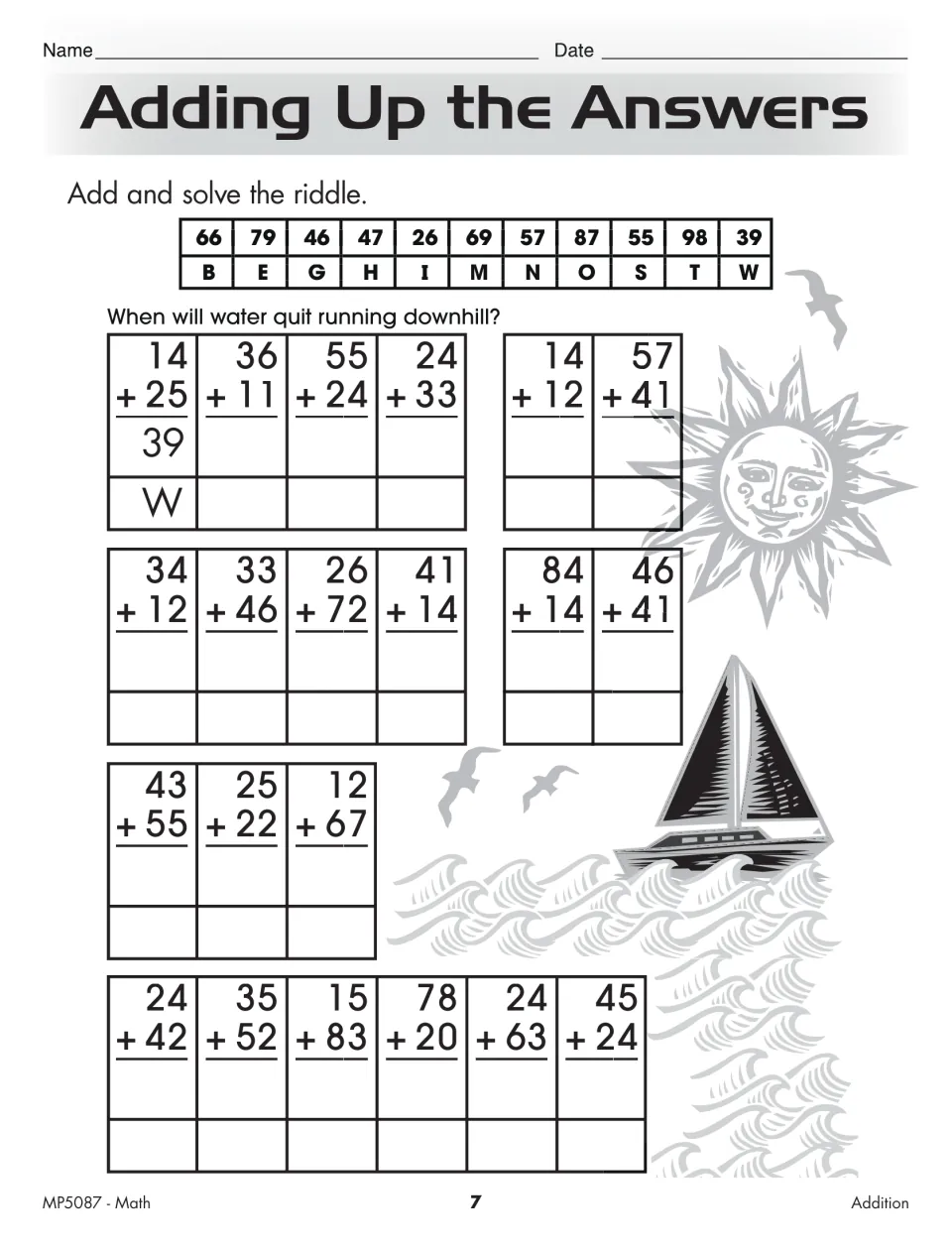 Adding Up the Answers practice uses addition sums and a letter code to answer a riddle about water