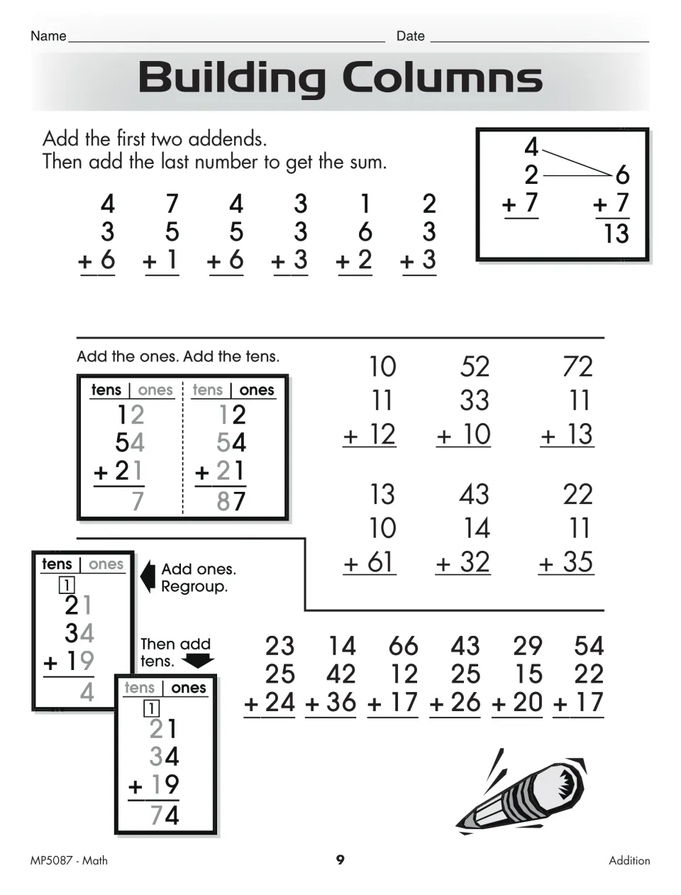 Building Columns addition lesson teaches adding three addends, with examples and practice using regrouping
