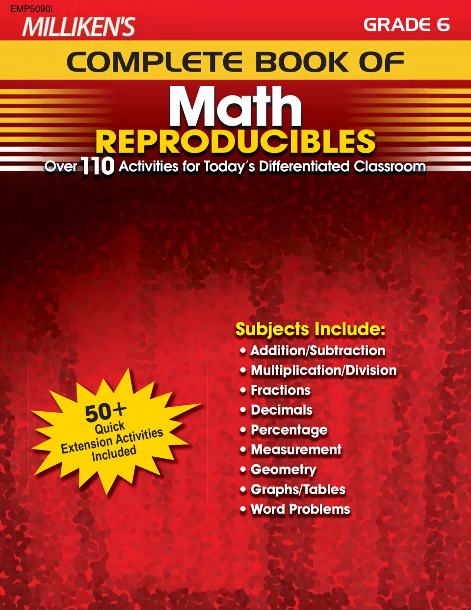 Cover of Milliken's Complete Book of Math Reproducibles, Grade 6, listing fractions, decimals, geometry, graphs and more