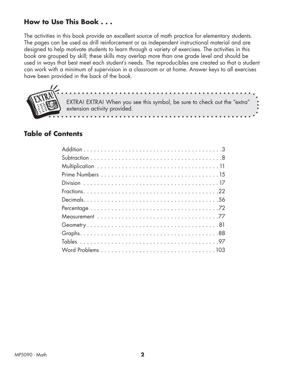 How to use this book and table of contents listing 13 skill sections, from addition on page 3 to word problems on page 103