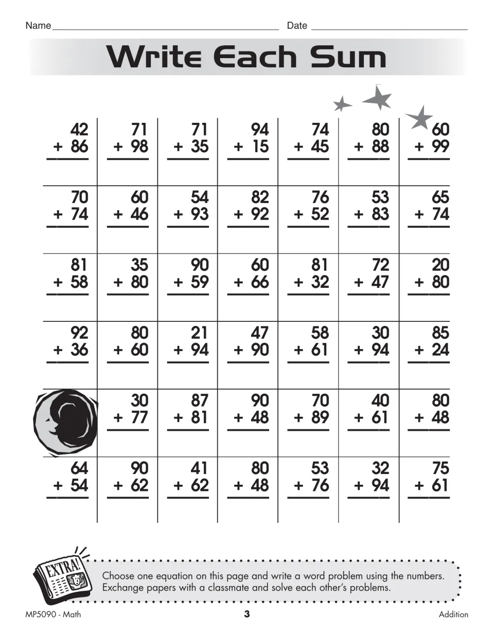 Two-digit addition: students write each sum for 41 problems, then write and swap a word problem in the Extra activity