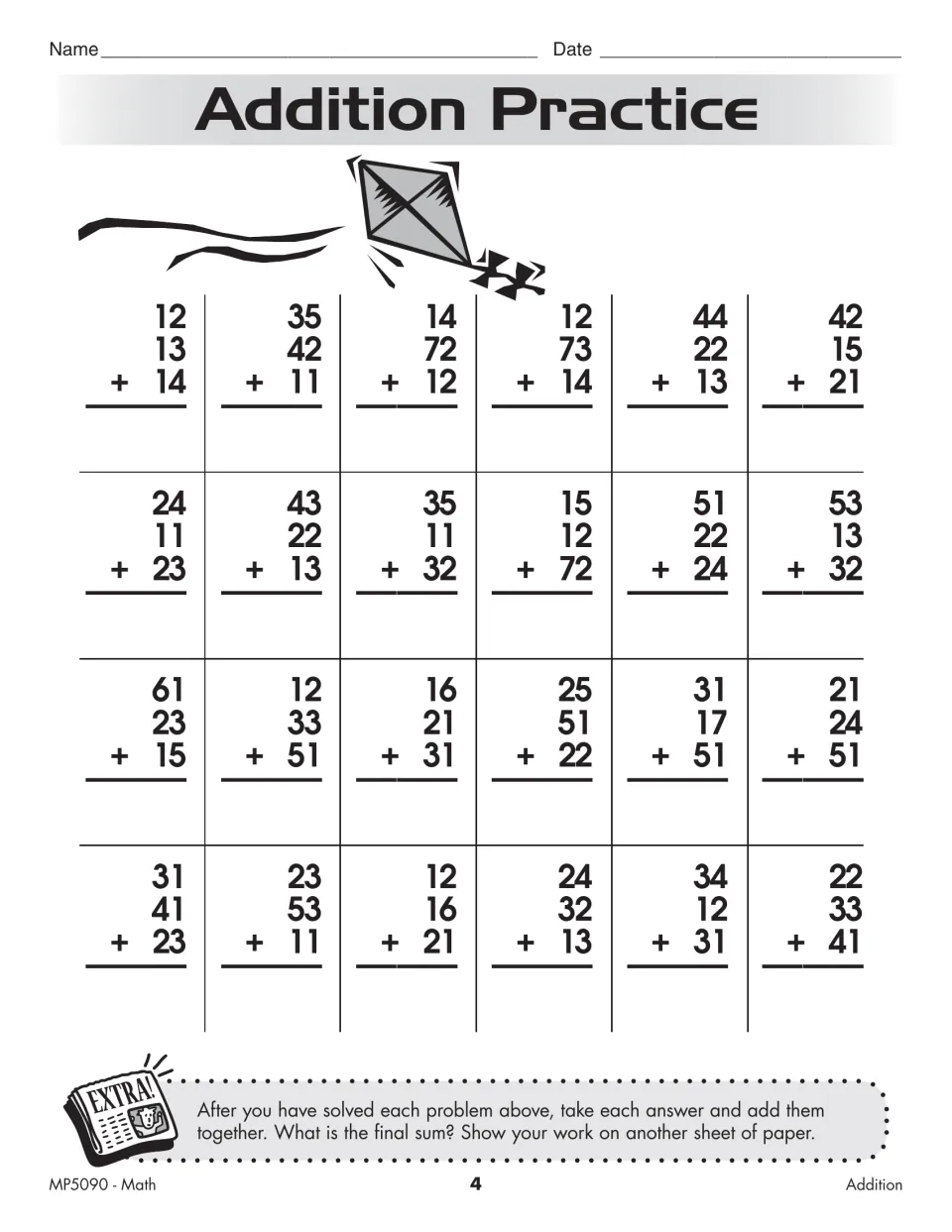 Adding three two-digit numbers: students solve 24 column sums, then add all the answers together for one final sum