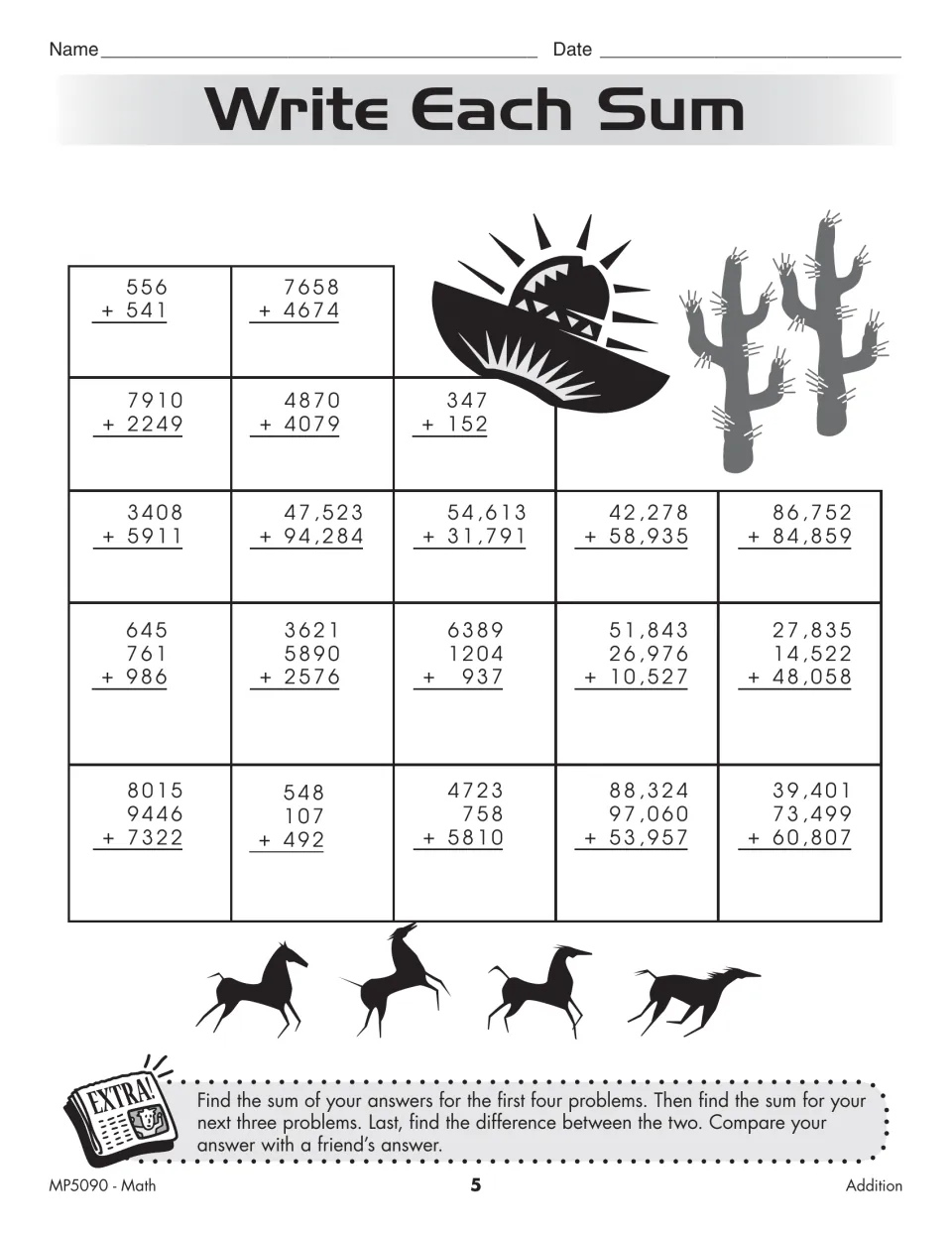 Multi-digit addition up to five digits: students find 20 sums of two or three addends, then compare totals with a friend