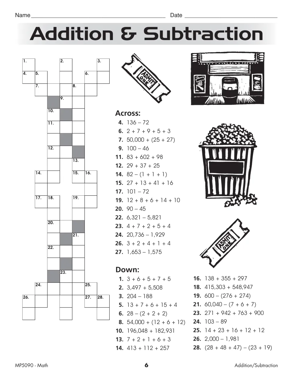 Cross-number puzzle: students solve addition and subtraction clues such as 136 – 72 and fill answers in Across and Down