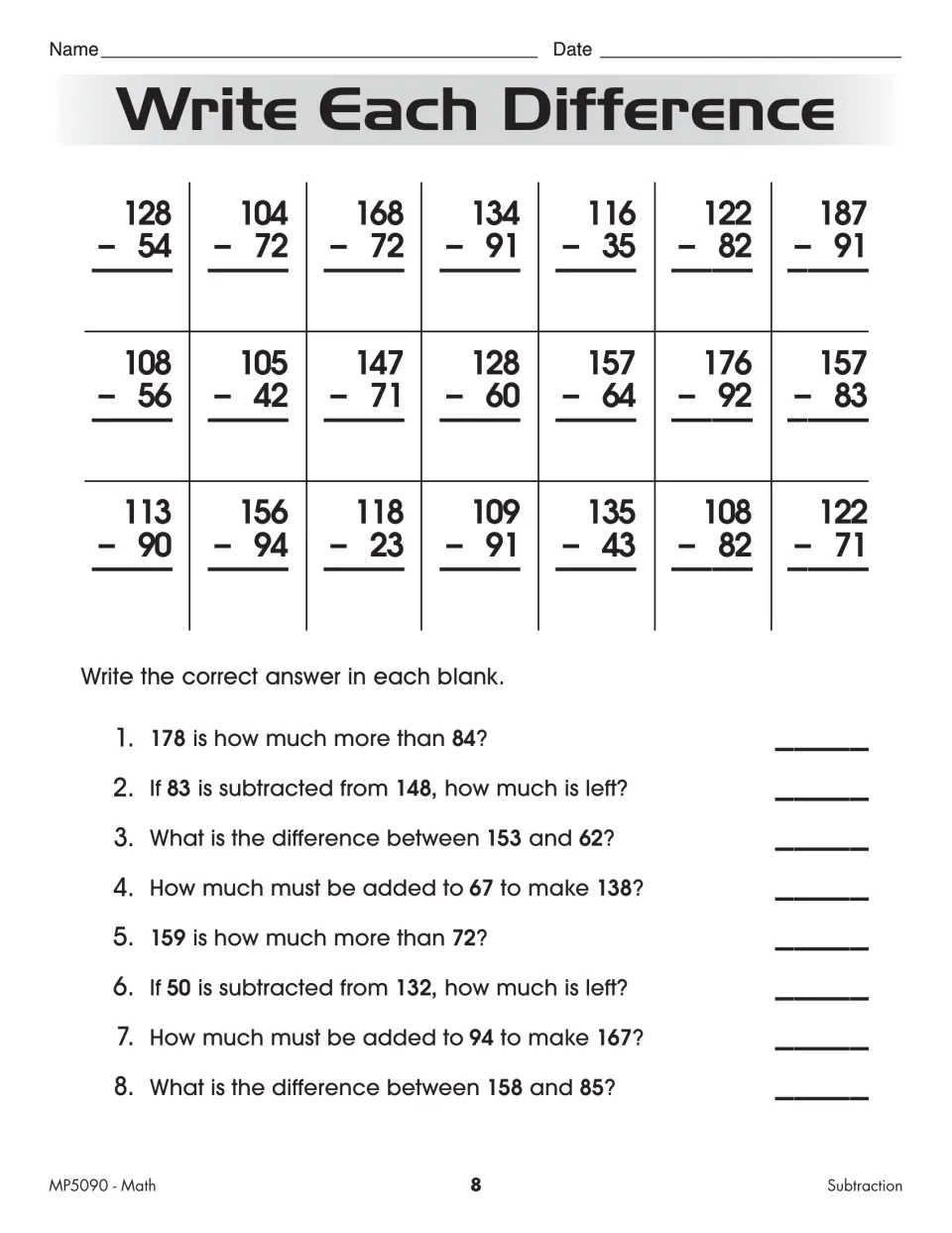 Subtraction with regrouping: students write 21 differences, then answer 8 questions like how much more 178 is than 84