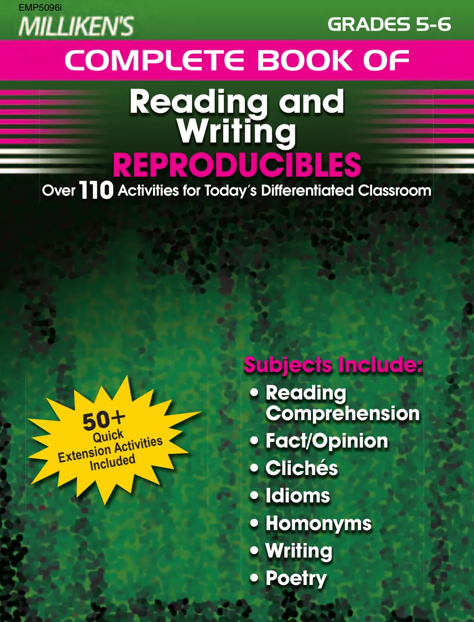 Reading and writing workbook cover for grades 5–6, listing over 110 activities and 50+ extension activities