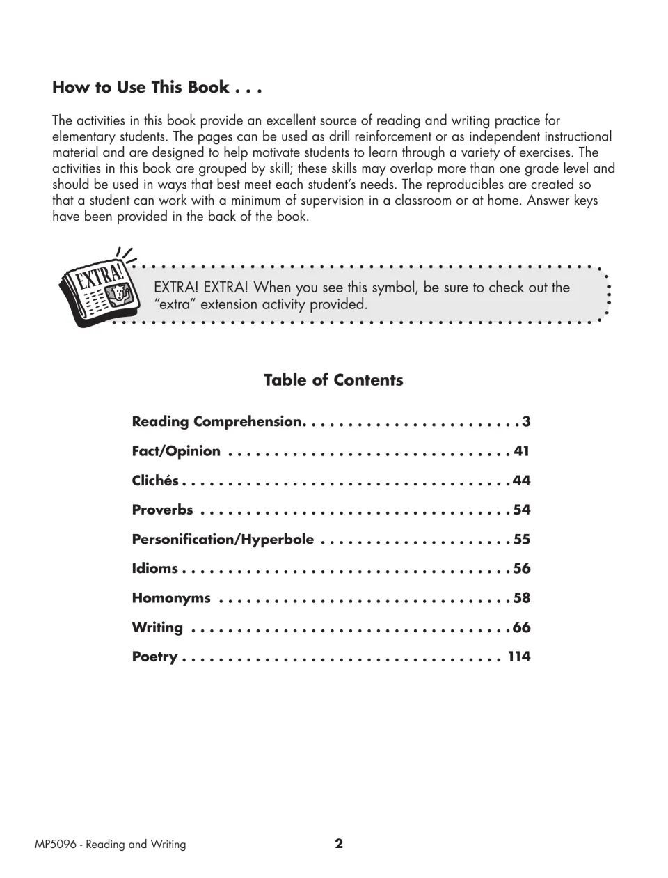 Workbook directions and contents list reading comprehension, fact/opinion, clichés, writing, and more