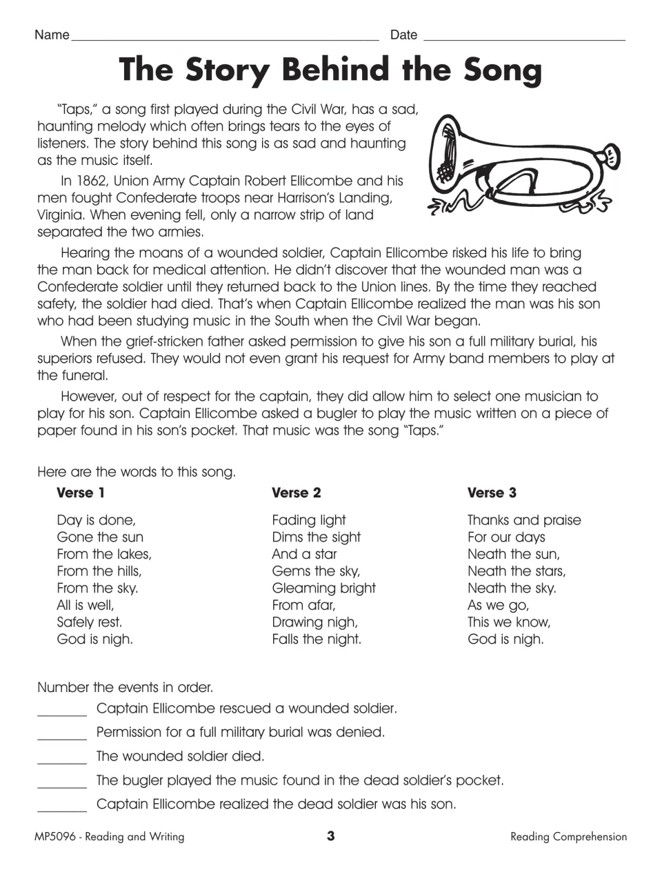 Reading comprehension activity “The Story Behind the Song” includes a passage about “Taps” and event sequencing