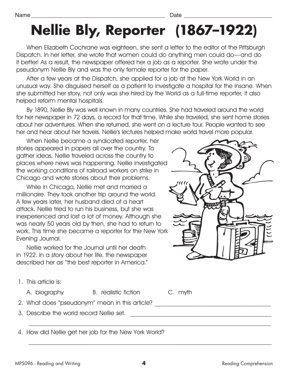 Reading comprehension activity about Nellie Bly asks about genre, “pseudonym,” her world record, and reporting