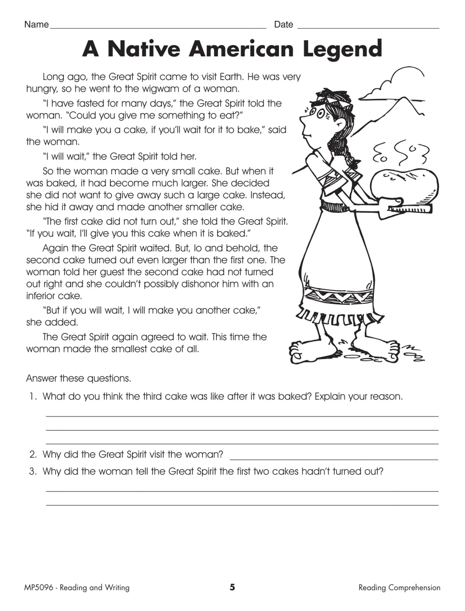 Reading comprehension activity “A Native American Legend” asks students to predict and explain character motives