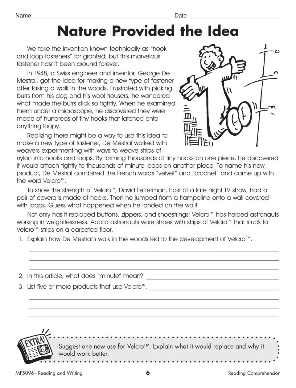 Reading comprehension activity “Nature Provided the Idea” covers Velcro and asks students to suggest a new use