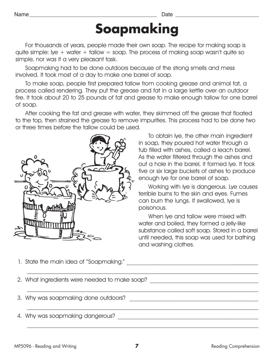 Reading comprehension activity “Soapmaking” asks for the main idea, ingredients, outdoor setting, and dangers