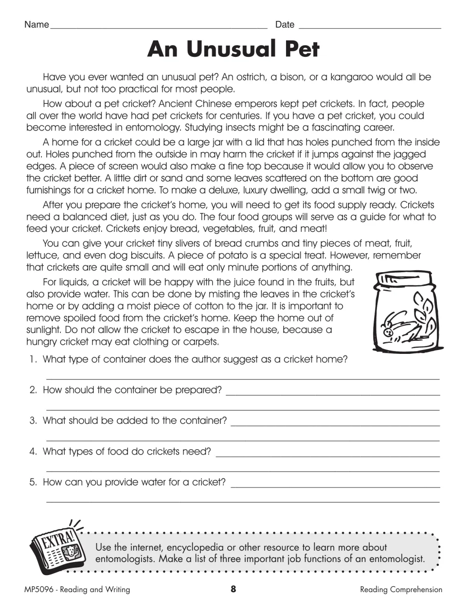 Reading comprehension activity “An Unusual Pet” covers cricket care and includes an entomologist research task
