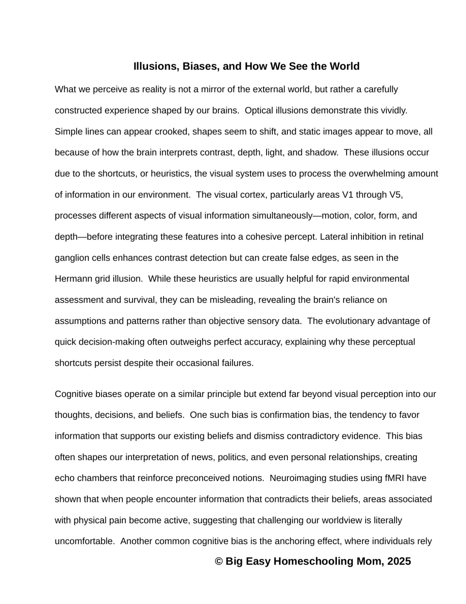 Reading passage part 1 introduces optical illusions, visual processing, heuristics, and confirmation bias
