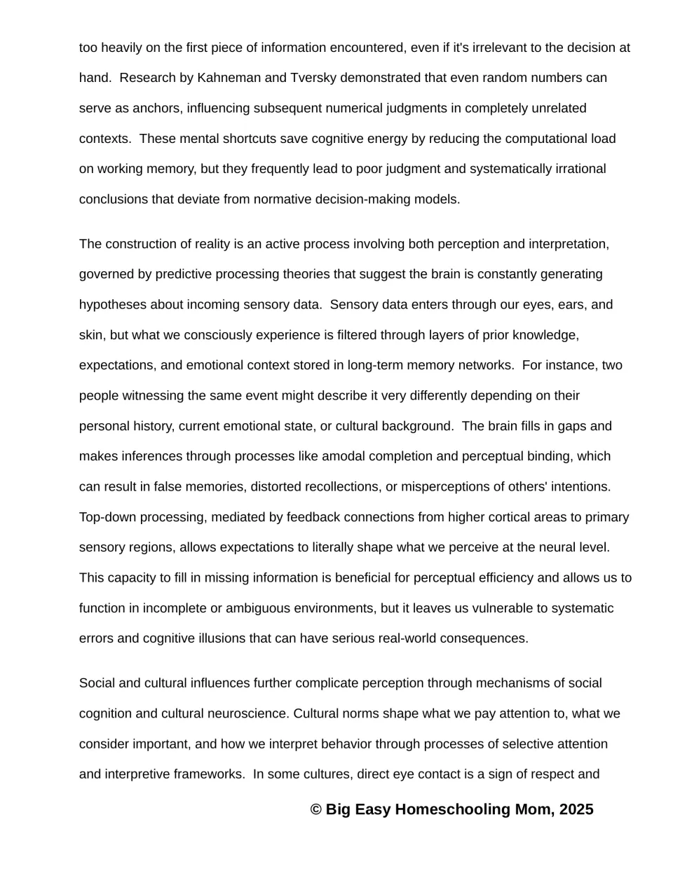 Reading passage part 2 explains anchoring, predictive processing, perceptual gaps, and cultural influences