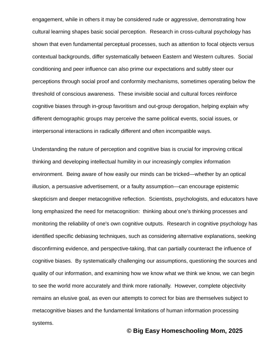 Reading passage part 3 connects cultural influences and cognitive biases to metacognition and critical thinking
