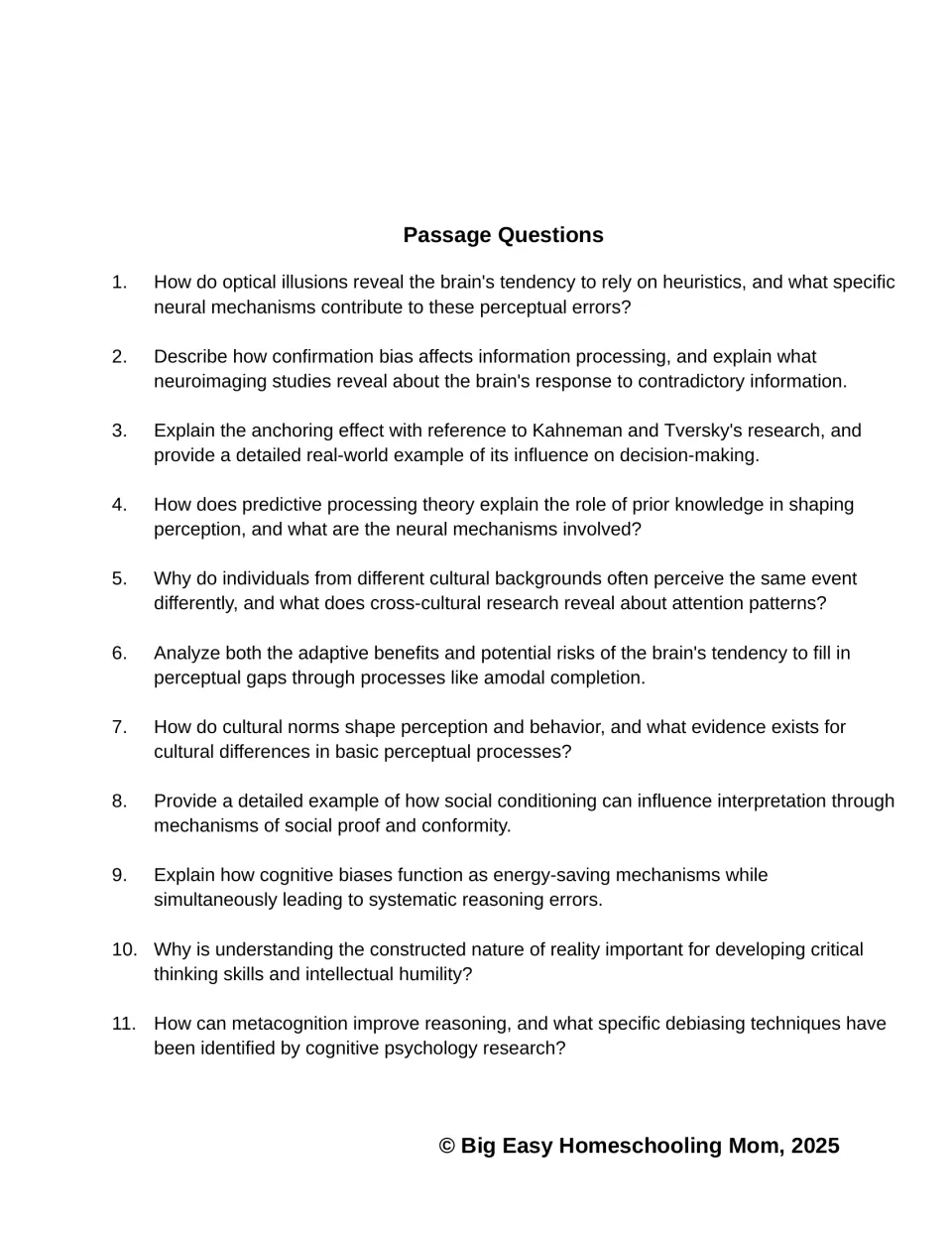 Passage questions 1–11 ask about optical illusions, confirmation bias, anchoring, culture, and metacognition