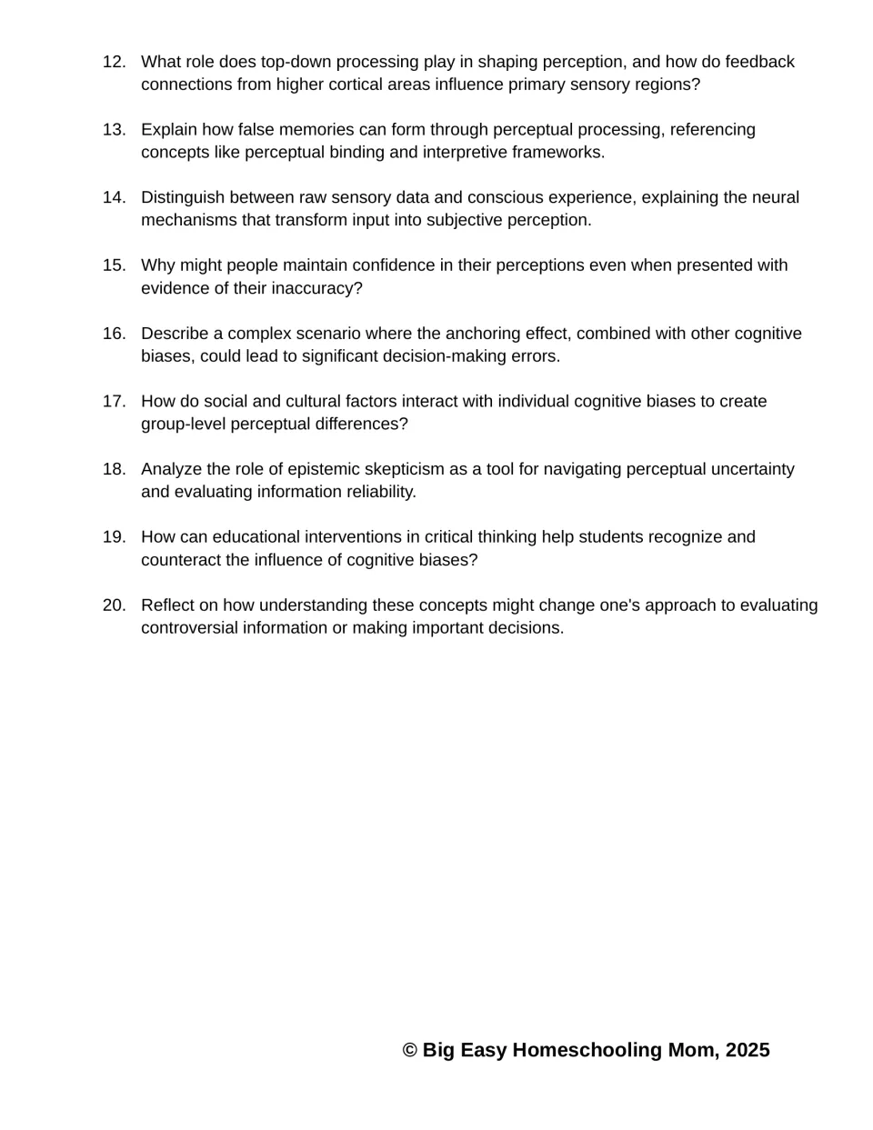 Passage questions 12–20 examine top-down processing, false memories, sensory data, and information reliability