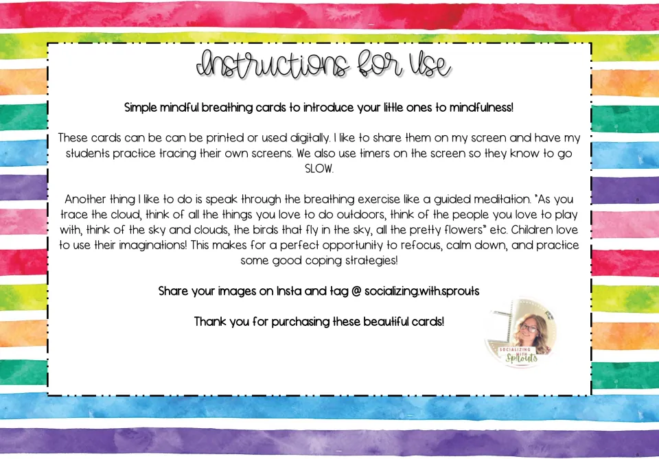 Instructions for use: print or show the cards on screen, set timers and narrate exercises like a guided meditation