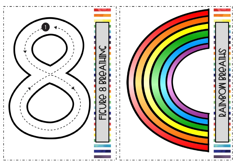 Figure 8 breathing and rainbow breaths: students trace a dotted figure 8 from the 1 and each arc of a rainbow