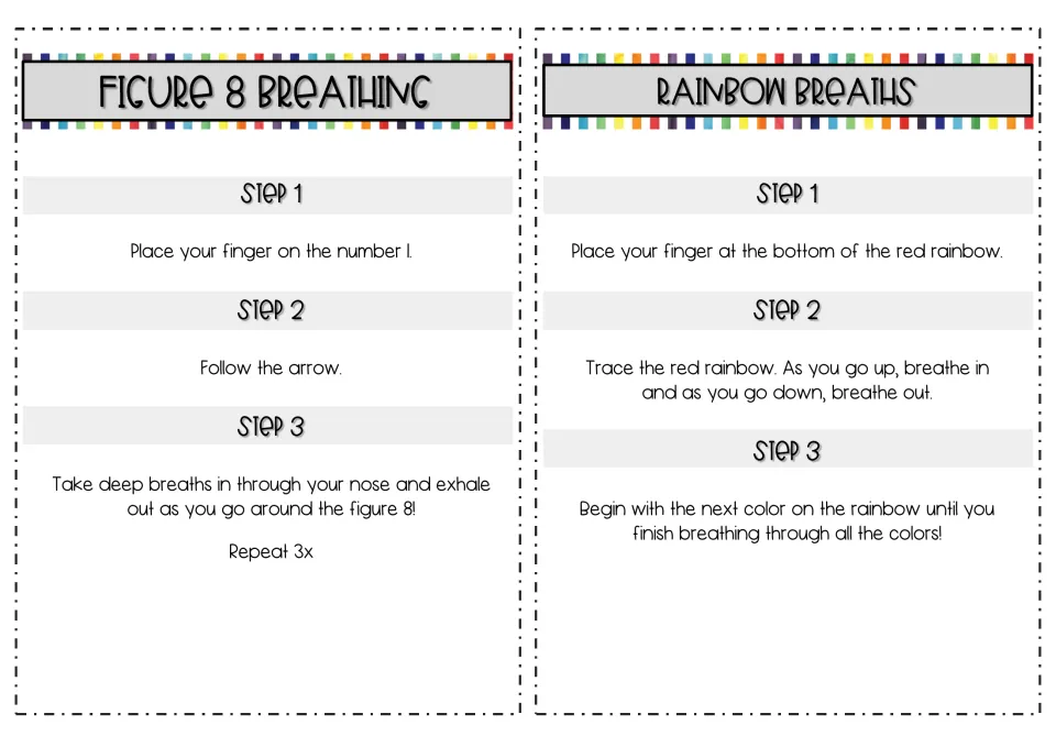 Step cards for figure 8 breathing and rainbow breaths: follow the arrow, then breathe in up each arc and out going down