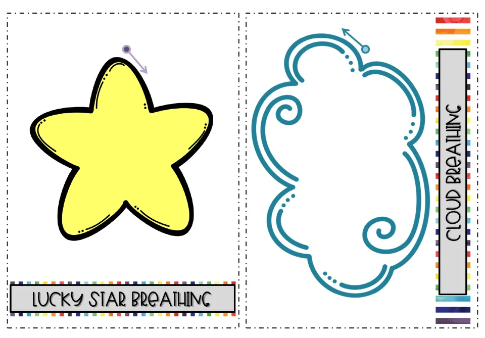 Lucky star and cloud breathing: students trace a yellow star from its purple arrow and a cloud outline from a blue dot