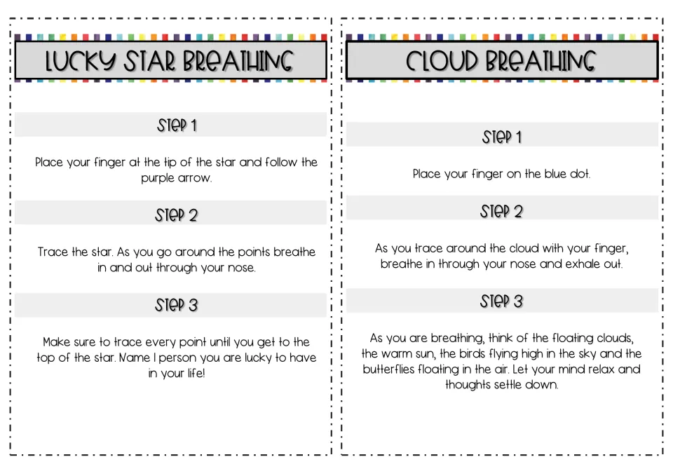 Lucky star and cloud breathing steps: breathe while tracing, then name a lucky person or picture clouds and sun