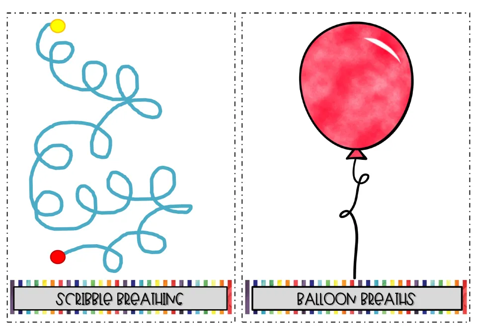 Scribble breathing and balloon breaths: students trace a looping blue line from a yellow to a red dot; a red balloon