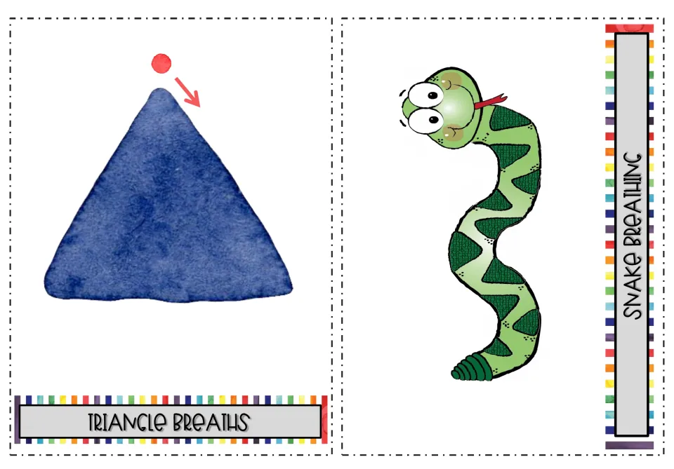 Triangle breaths and snake breathing: students trace a blue triangle from a red dot and arrow beside a green snake