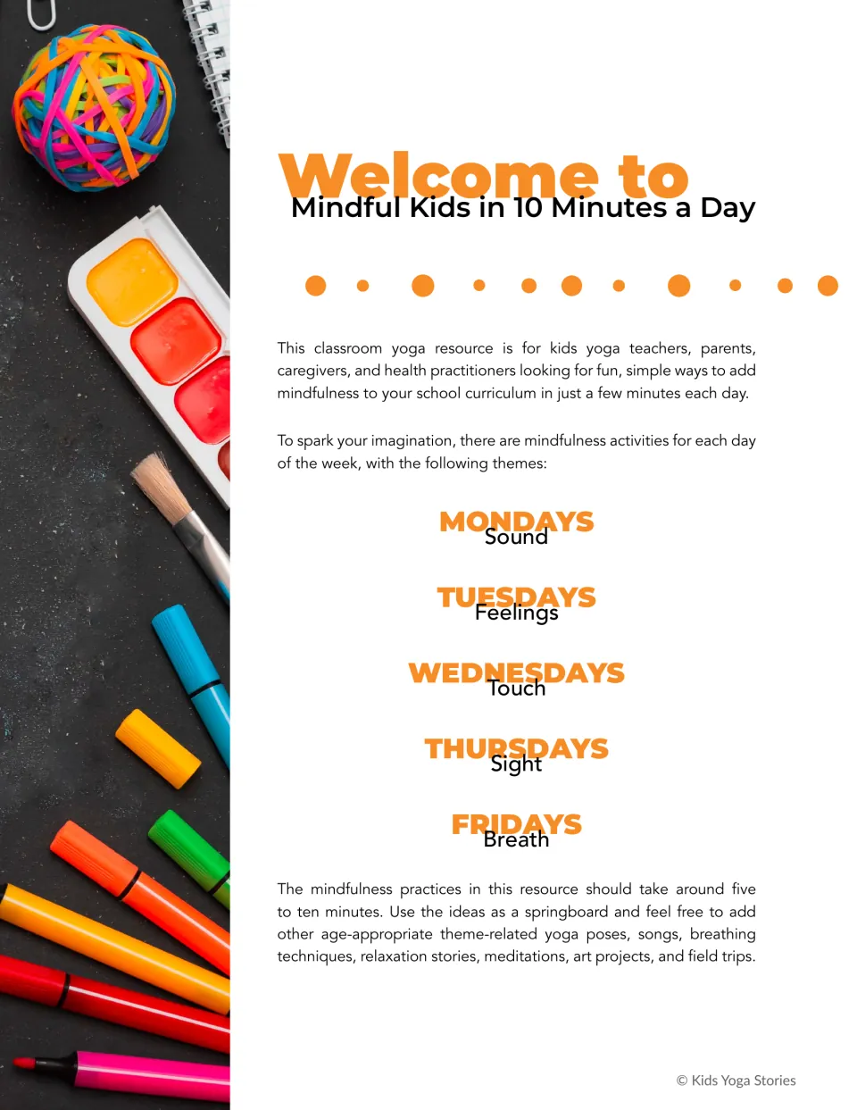 Workbook introduction assigns daily themes: sound, feelings, touch, sight, and breath, Monday through Friday
