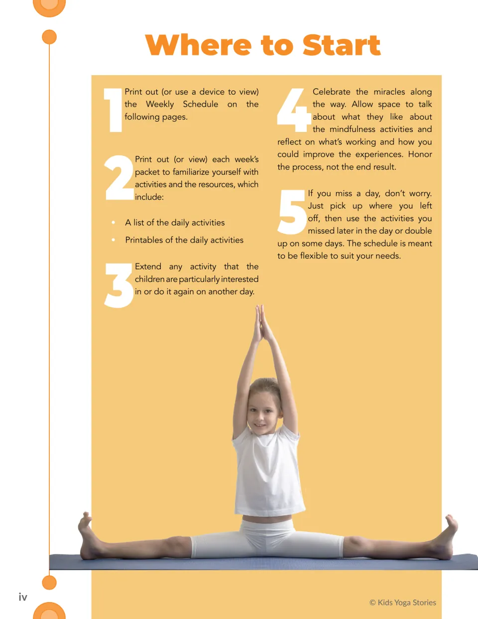 Where to Start gives five steps for using the weekly schedule, activity packets, and flexible daily practice