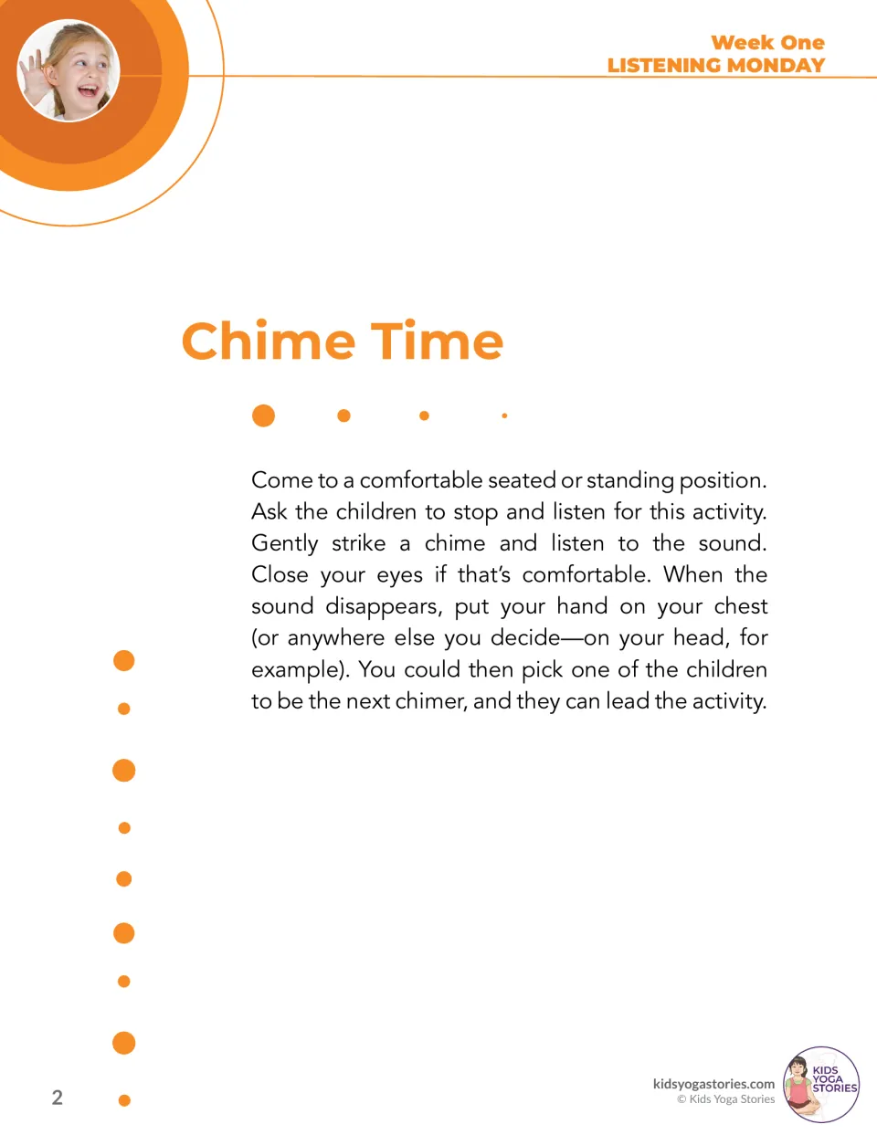 Chime Time instructions ask children to listen to a chime and place a hand on their chest when its sound ends