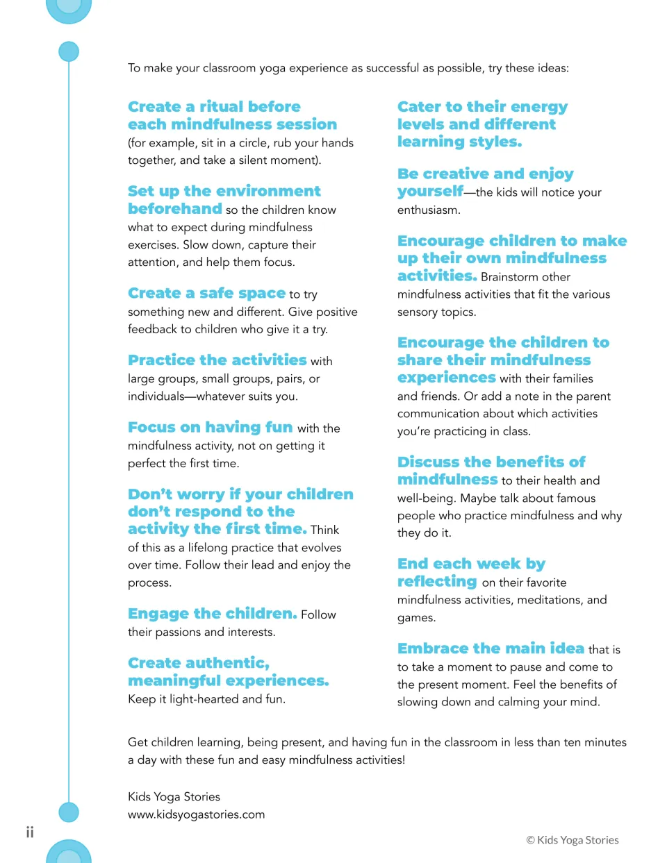 Teaching guidance for mindfulness sessions includes creating a ritual, setting up the space, and weekly reflection