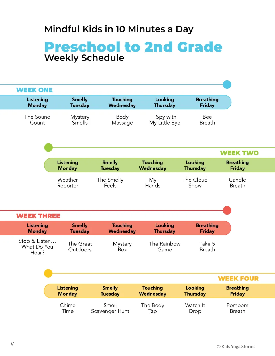 Four-week mindfulness schedule lists 20 activities, from The Sound Count in week one to Pompom Breath in week four